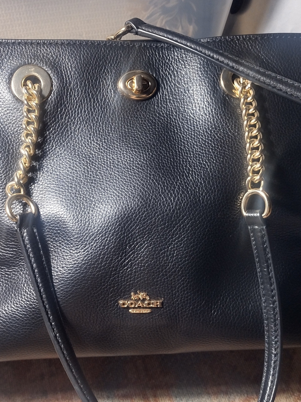 Coach Black Pebbled Leather Shoulder Bag with Gold Chain Accents